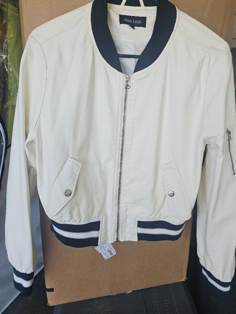 New Look White Bomber Jacket with Navy Contrast